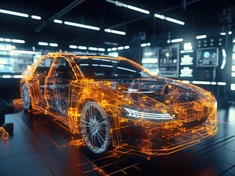 Digital visualisering av ett fordon med avancerad fordonsdata, som används för besiktning och analys av utsläpp, miljöklassning och kompatibilitet.